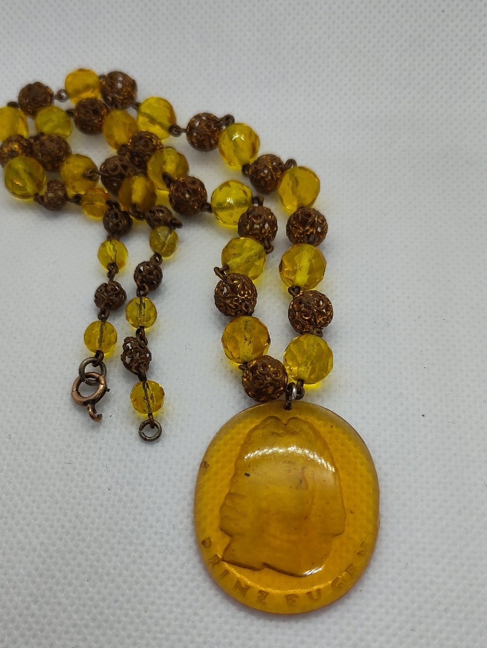 Antique 1900s to 1920s Czech Glass, Brass Filigree Balls, Intaglio Pendant